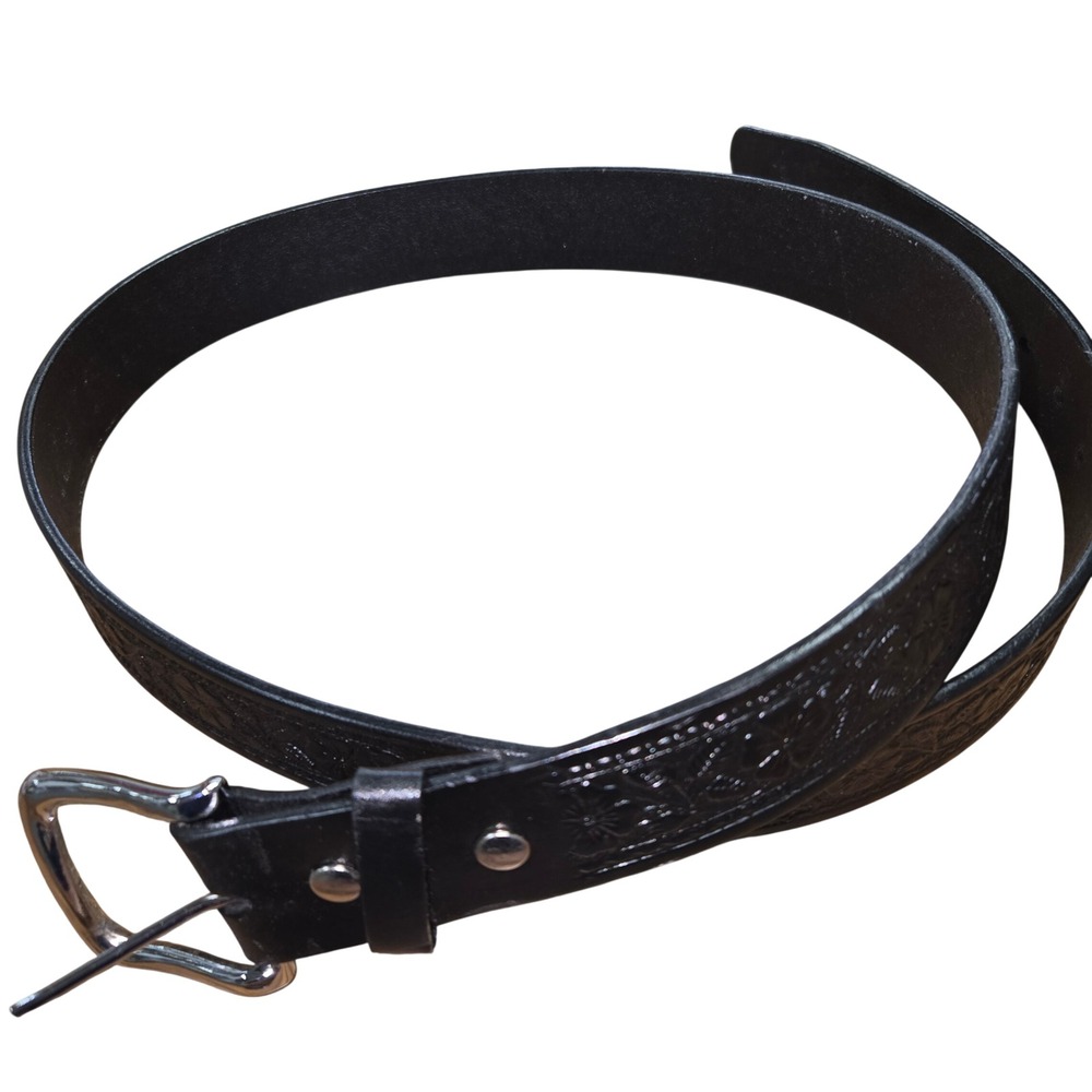 Mens Genuine Leather Floral Embossed Western Belt Black Silver Buckle Size 44